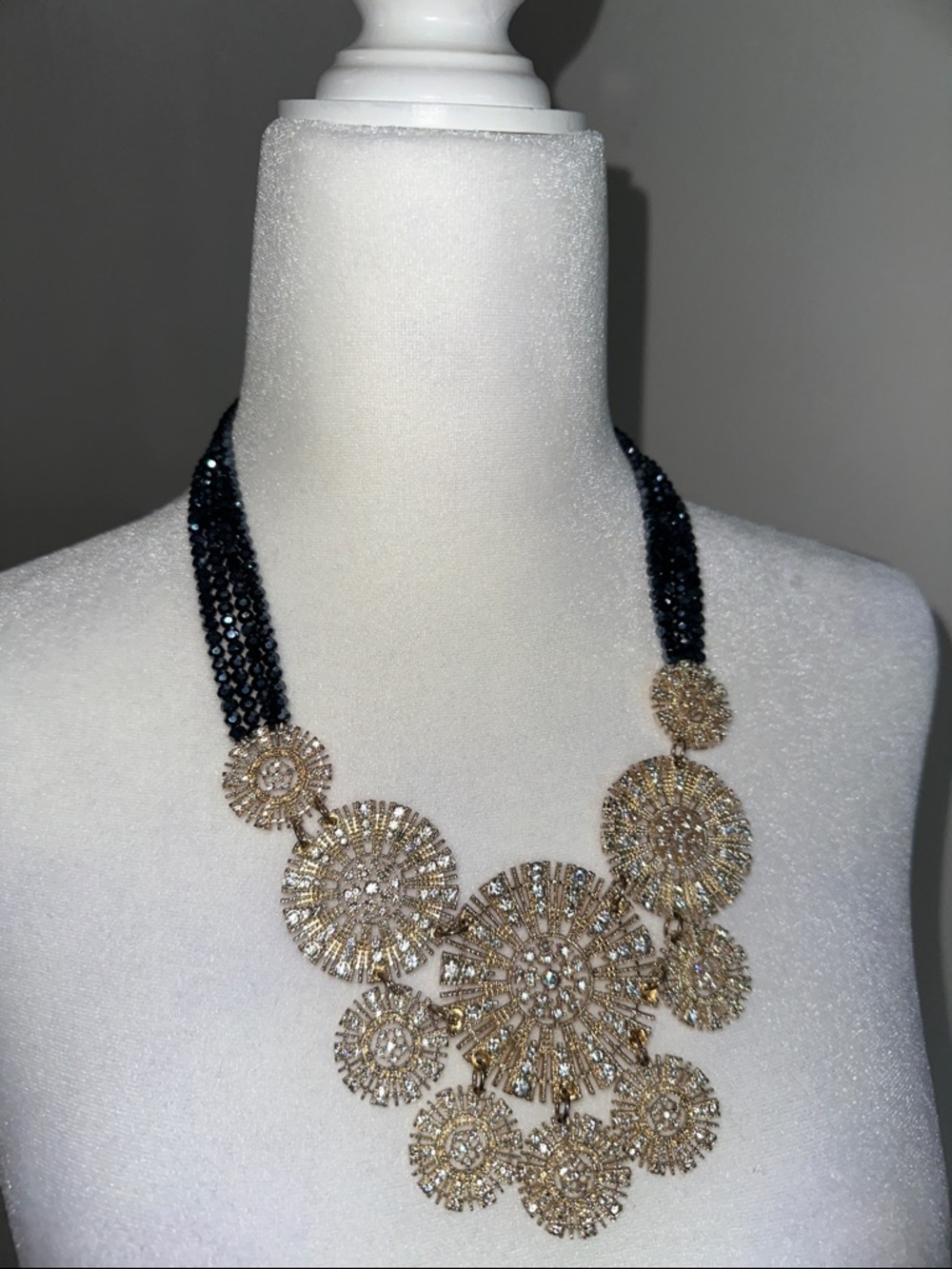 Anthropologie Gold and Blue Crystal Medallion Necklace - Picture 5 of 10